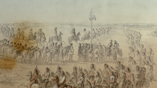 Watercolor painting depicting the arrival of the Nez Perce at the Walla Walla Treaty on May 24, 1855.