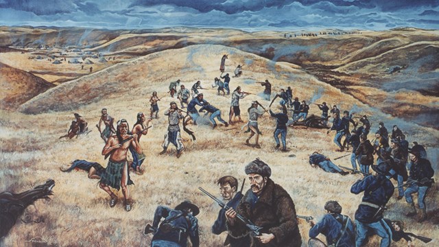 Painting depicting soldiers and Nez Perce warriors in 1877.