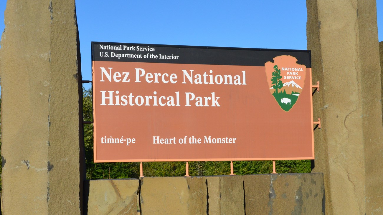 Sign reads 'Nez Perce National Historical Park Heart of the Monster.'